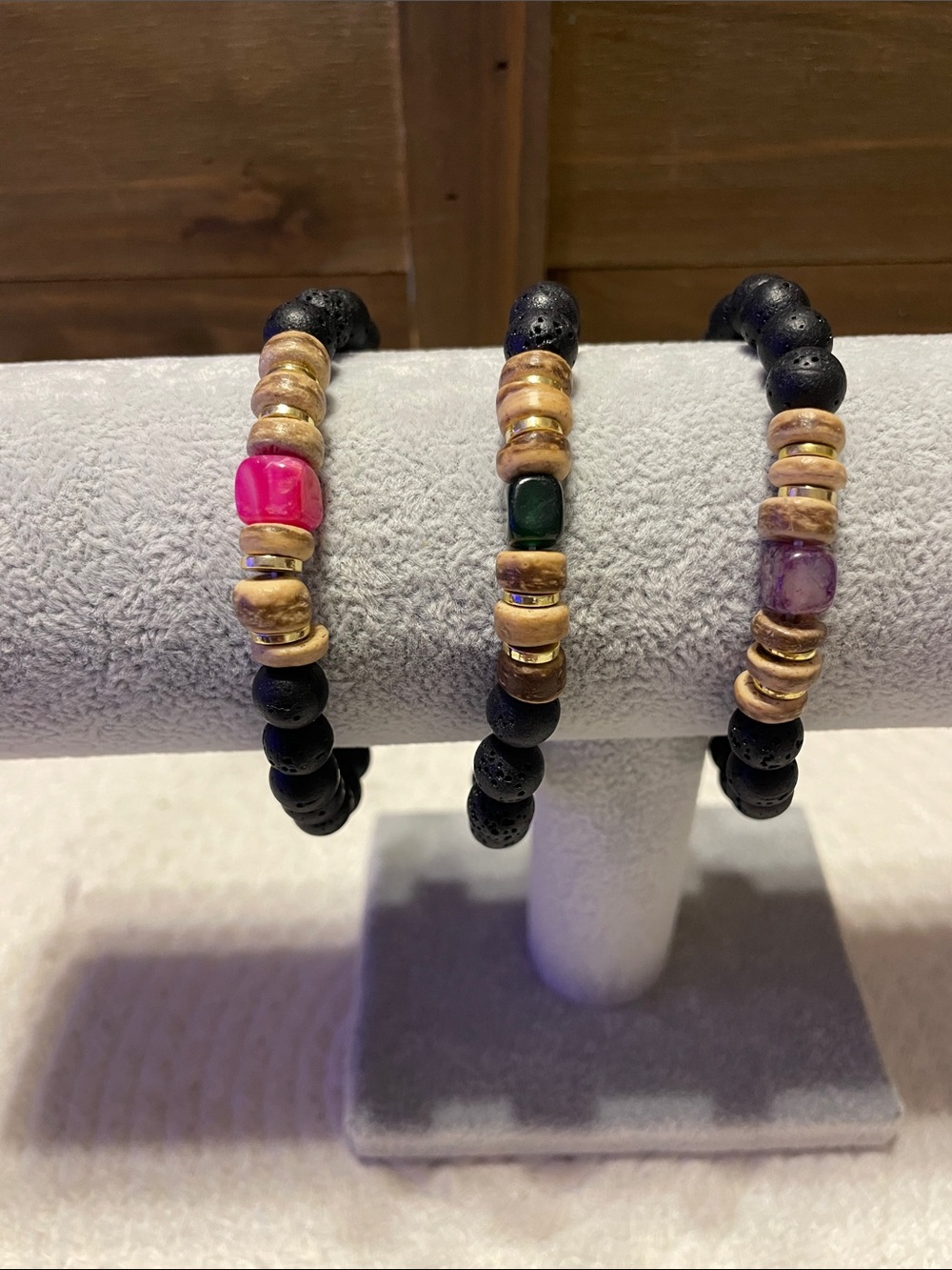 Beaded Lava Stone and Accent Bracelet - purple, green & pink bead accents